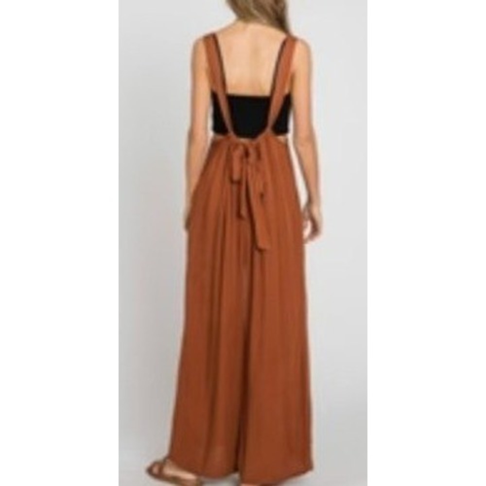 Zenana Rust Tie Back Suspender Jumpsuit Wide Leg Pockets Boho Oversized Medium - Picture 3 of 11